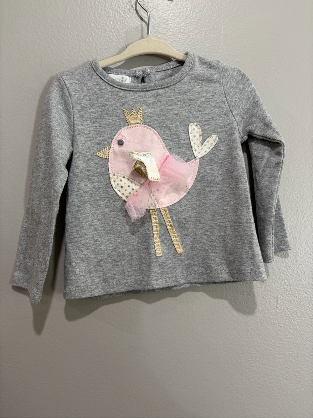 Mud Pie Gray Long Sleeve Top with Pink Bird and Gold Accents